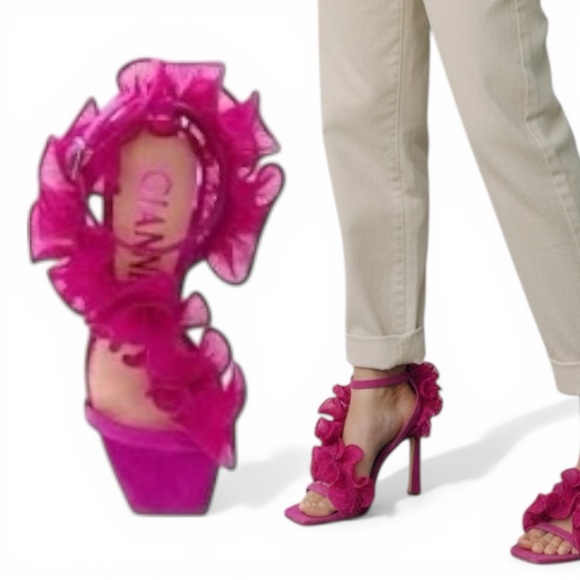 Gianni Bini Women’s Pink Ruffle High Heel Sandals Size 7.5M Leather Sole - Picture 2 of 9